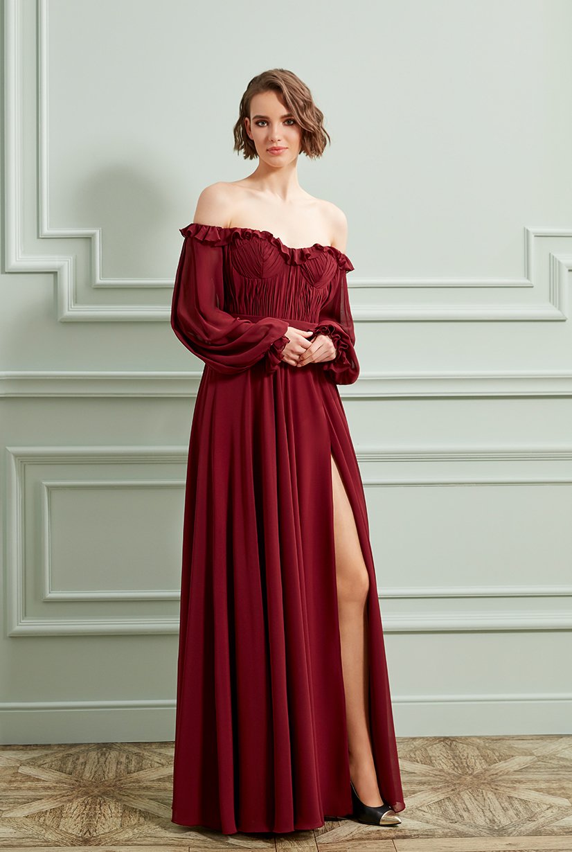 JASPER - VESTIDO DE NOCHE DRAPEADO CON MANGAS GLOBALES Y APARTE - JASPER - VESTIDO DE NOCHE DRAPEADO CON MANGAS GLOBALES Y APARTE -