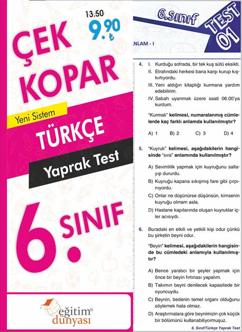 SÜPER FİYAT Eğitim Dünyası 6. Sınıf Türkçe Yaprak Test Çek Kopar Eğitim ...