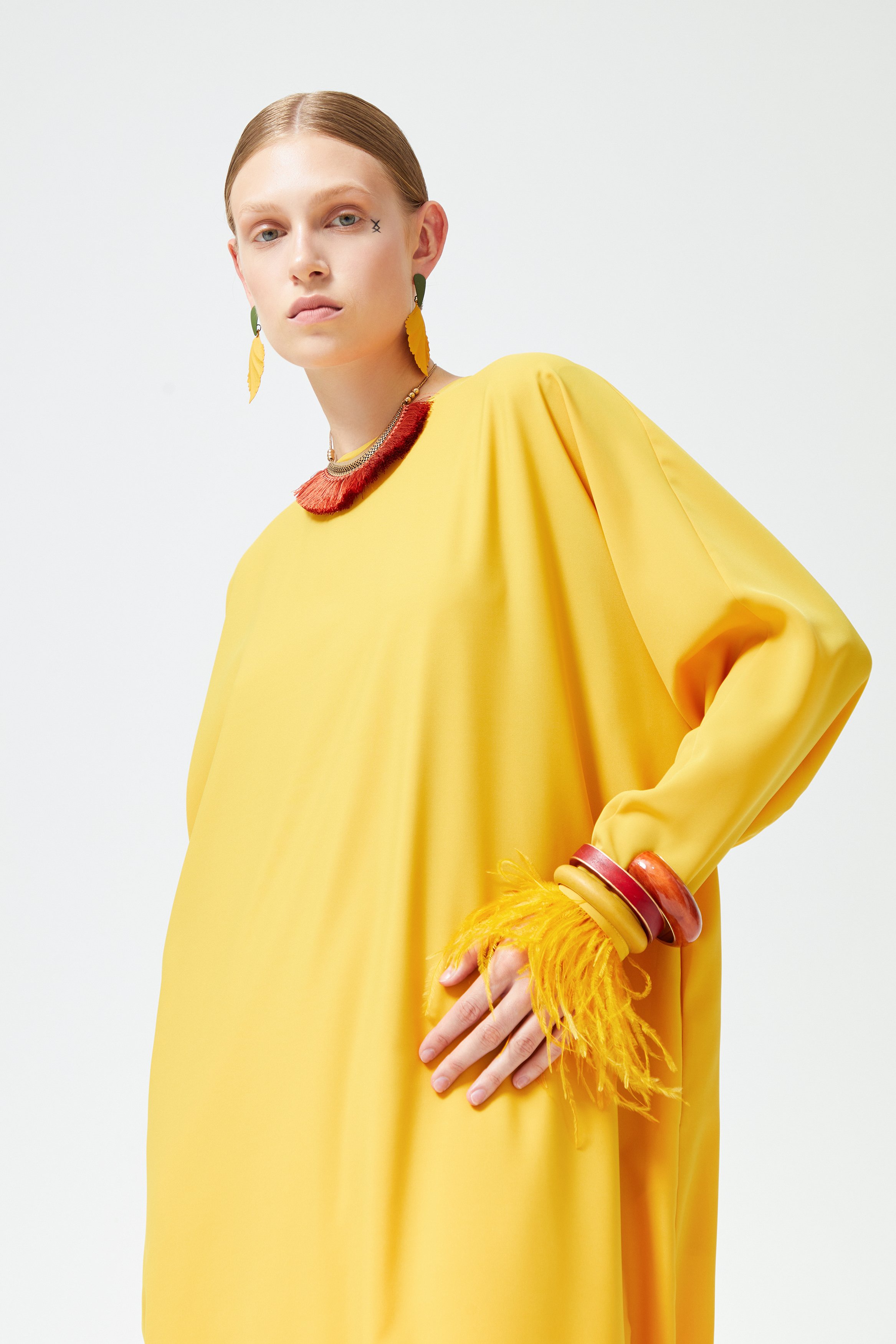 Elbise Kuş Tüylü Sarı | NEW SEASON | Free Shipping