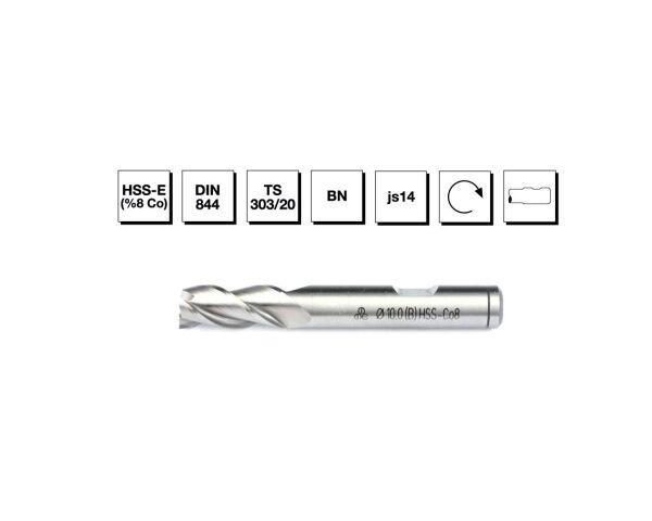 HSS - E (-Co) DIN 844 BN  22 mm Silindirik Saplı Parmak Freze - KISA