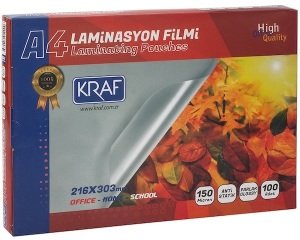 Kraf A4 Laminasyon Filmi Parlak 150 mic 100'lü