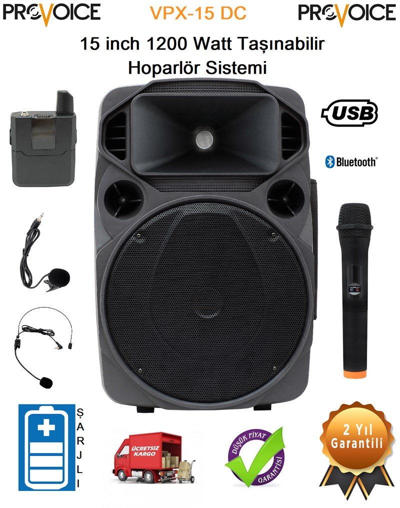 Provoice VPX-15 DC 15 İnç 1200 Watt Taşınabilir Hoparlör Sistemi Provoice VPX-15 DC 15 İnç 1200 Watt Taşınabilir Hoparlör Sistemi