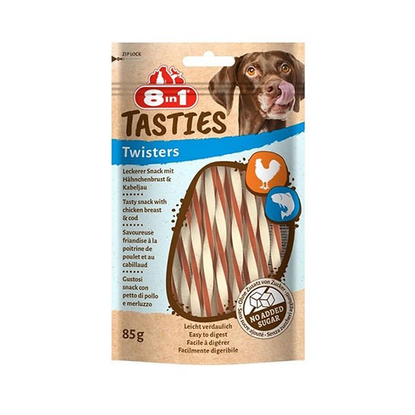 8in1 Tasties Twisters Tavuklu ve Balıklı Burgu Köpek Kemik Ödülü 85 Gr