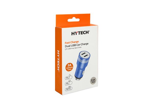 Hytech HY-X68L 3.1A Lightning Kablolu 2 USB Metal Araç Şarj Cihazı