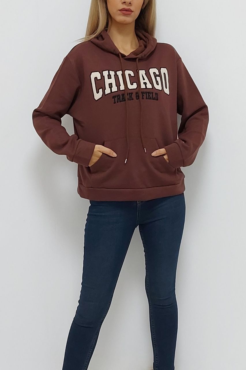 Chicago Baskılı Kapüşonlu Oversize İçi Tüylü Sweatshirt Kiremit