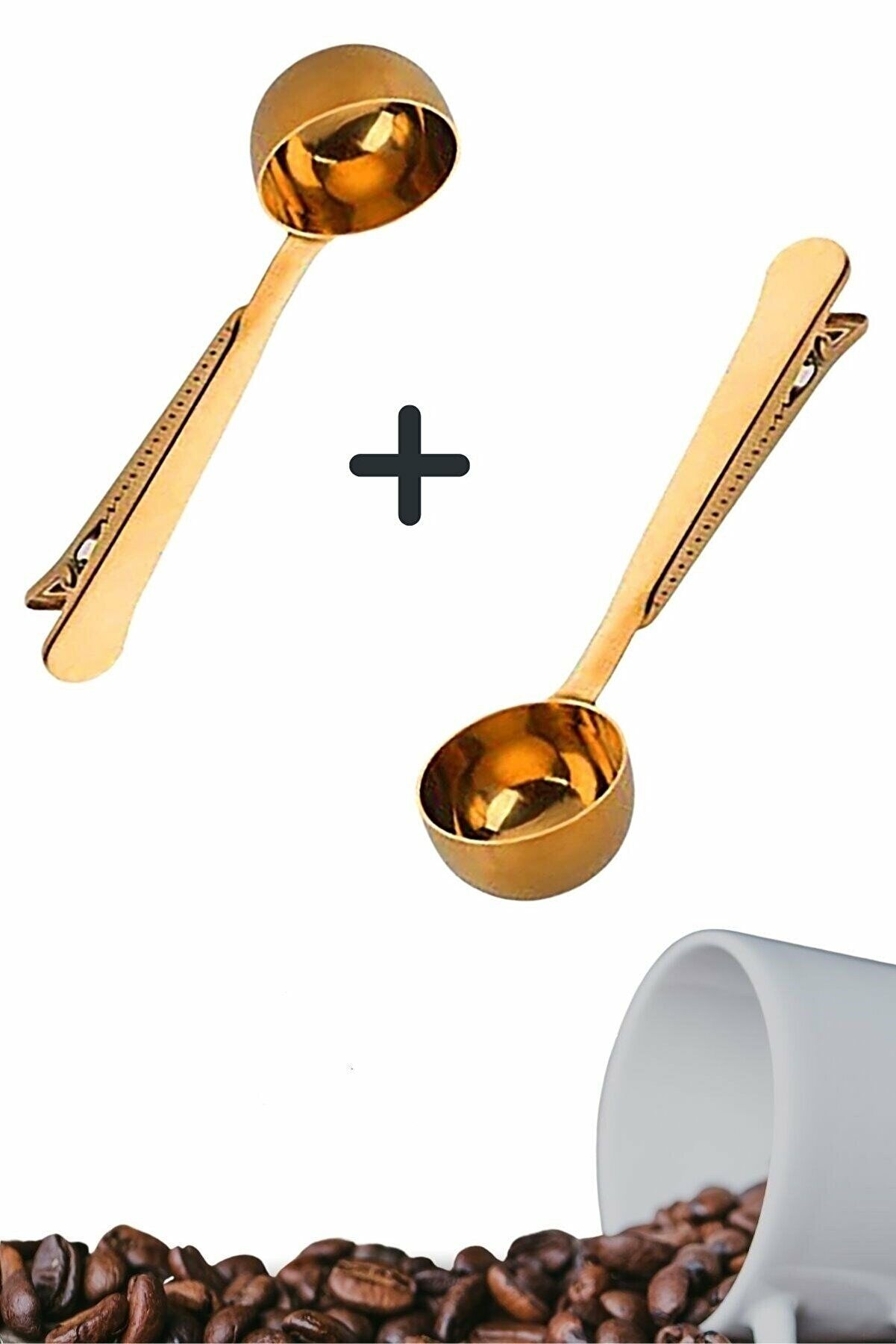 2 Adet Klipsli Kahve Ölçü(Dozaj) Kaşığı Gold Çok Fonksiyonlu Paslanmaz Çelik Kaşık