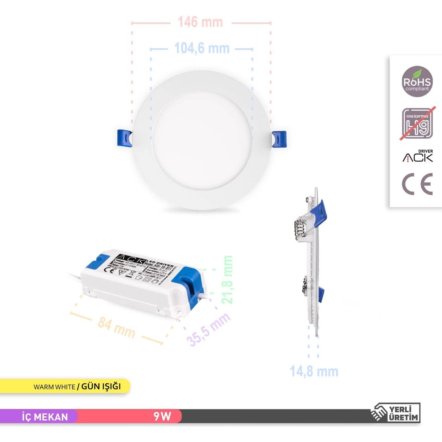 Ack 9W Sıva Altı Led Panel Armatür - 3000K Gün Işığı