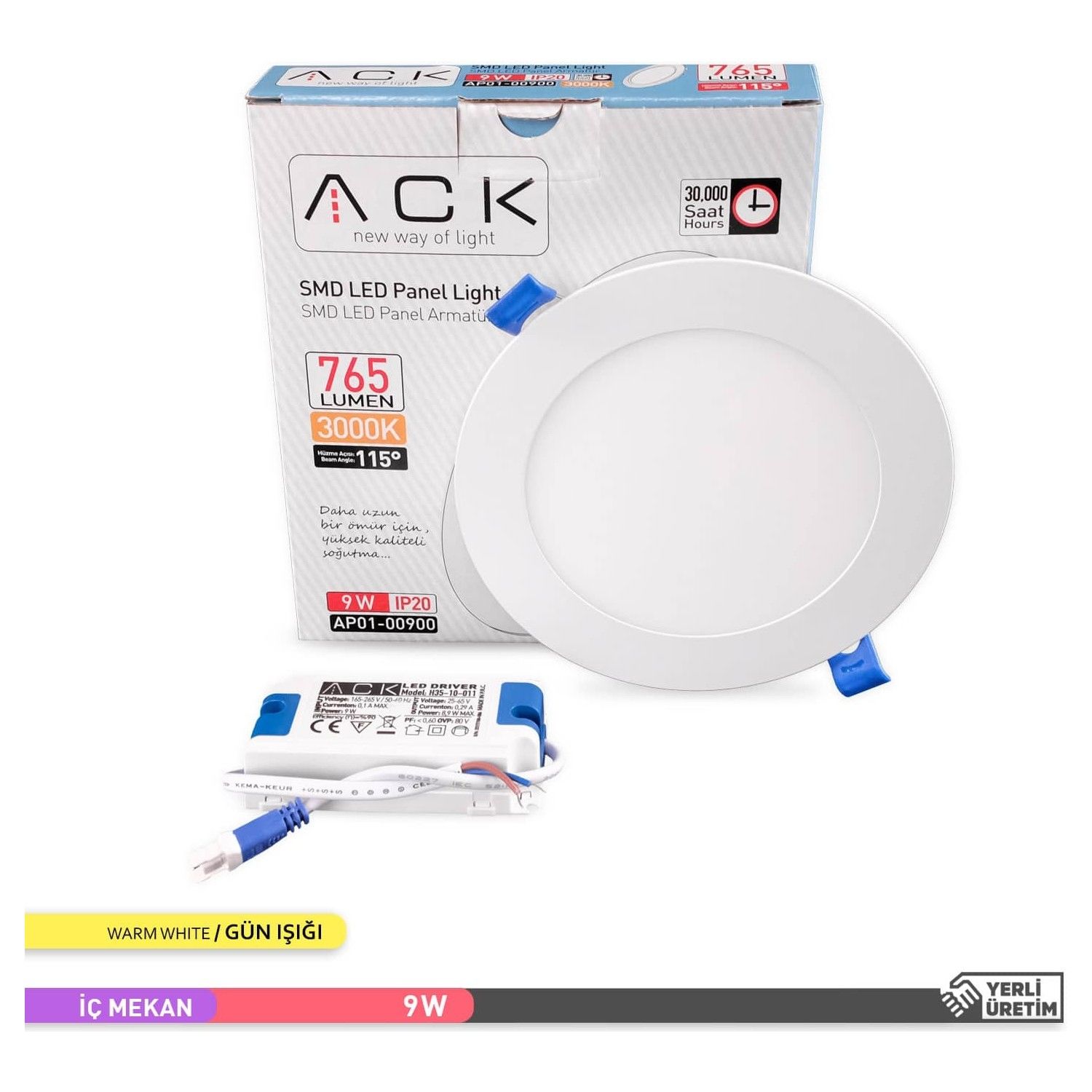 Ack 9W Sıva Altı Led Panel Armatür - 6500K Beyaz Işık