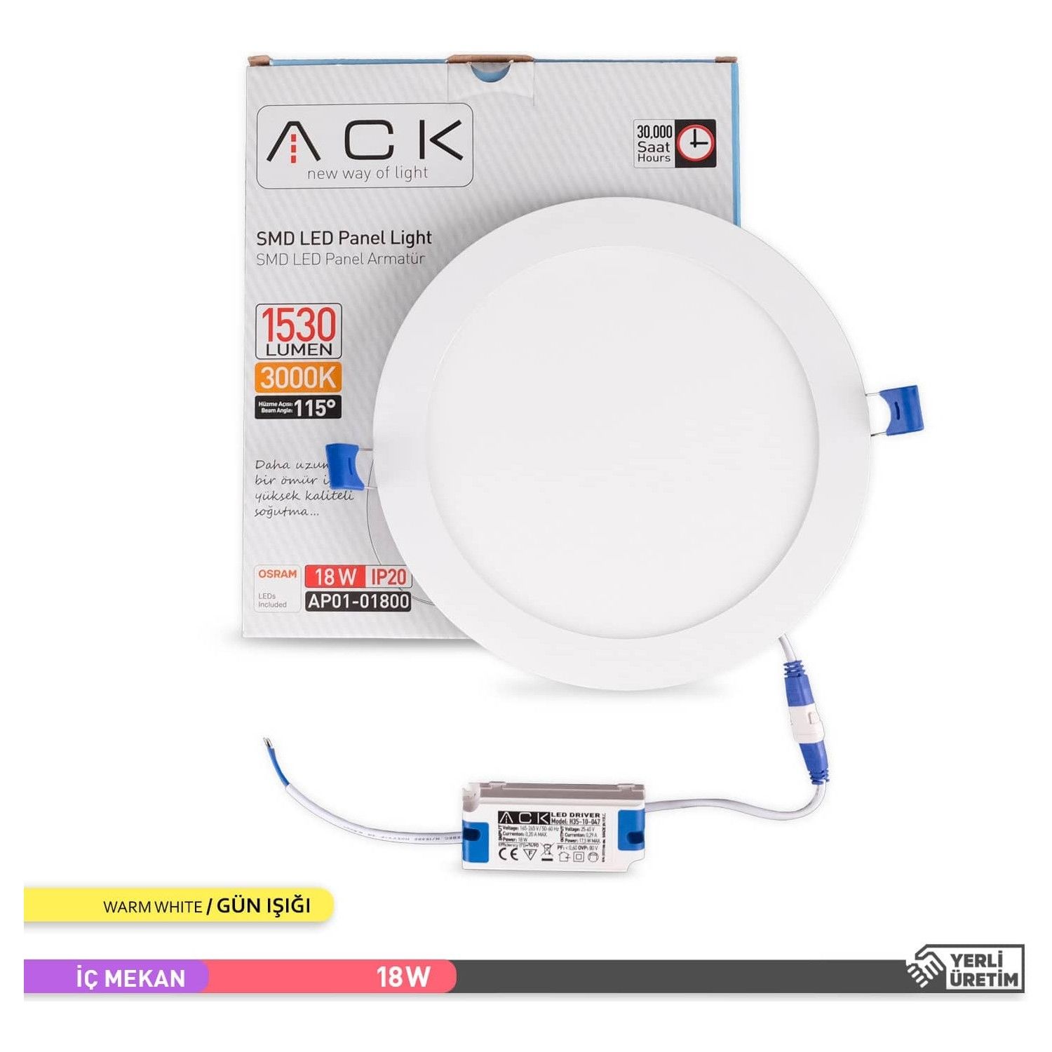 Ack 18W Sıva Altı Led Panel Armatür - 3000K Gün Işığı