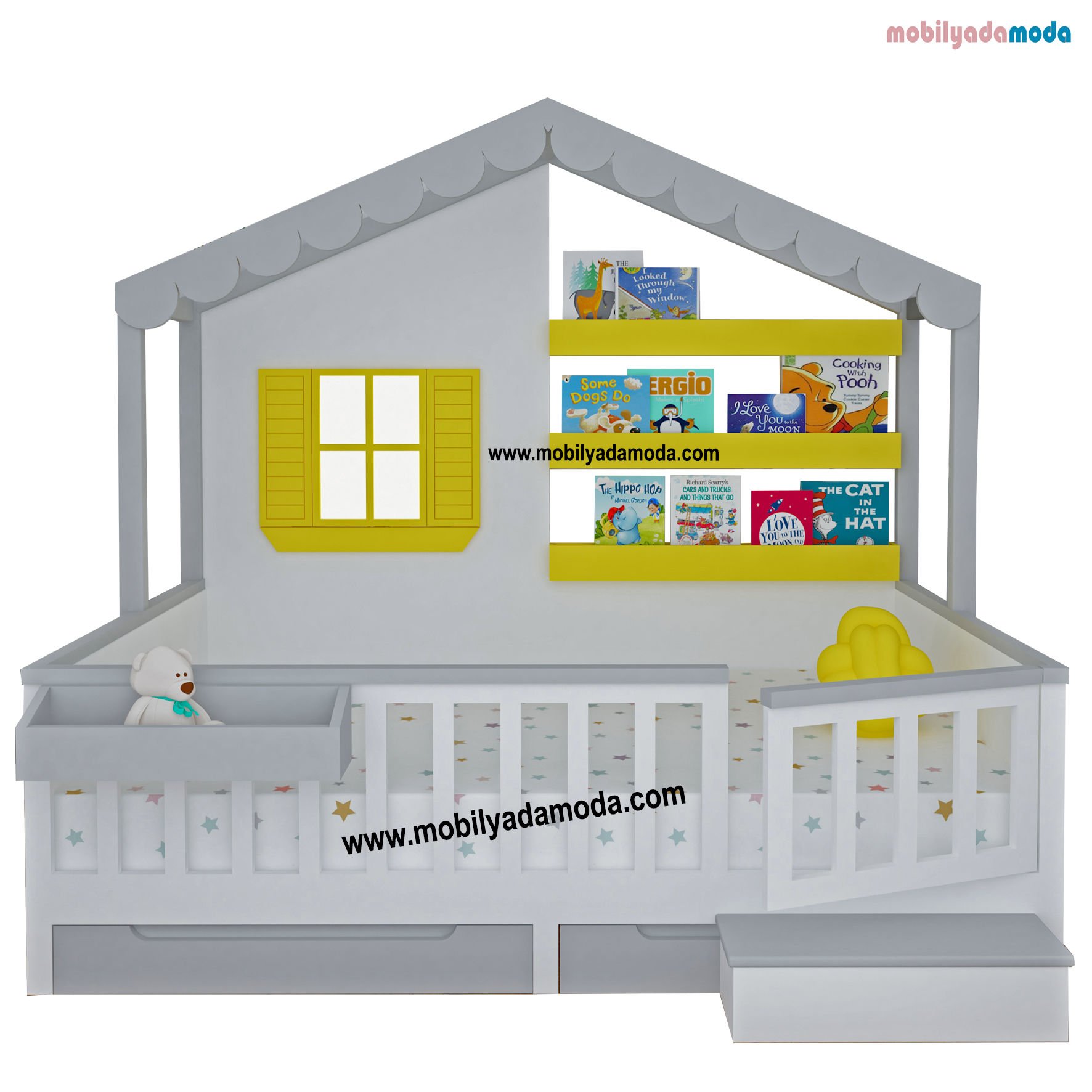 Arkası Kitaplıklı Pencereli Montessori Karyola IŞIKLI&PLEKSİLİ
