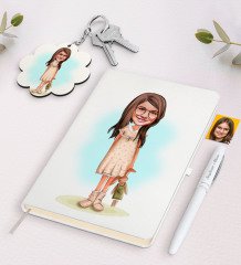 Kişiye Özel Kız Çocuk Karikatürlü Beyaz Defter Kalem ve Anahtarlık Hediye Seti-7