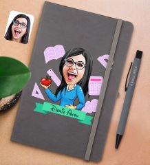 BK Gift Kişiye Özel Öğretmen Karikatürlü Gri Termo Deri Defter ve Metal Versatil Kalem(0,7 Kurşun) Hediye Seti-5