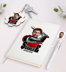Kişiye Özel Şövalye Karikatürlü Beyaz Defter Kalem ve Anahtarlık Hediye Seti-1