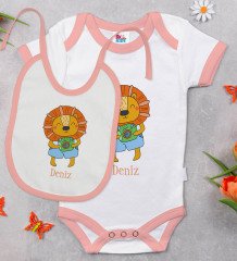 BK Kids Kişiye Özel İsimli Pembe Bebek Body Zıbın ve Mama Önlüğü Hediye Seti-23