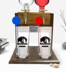 Kişiye Özel Renkli Baskılı I Need Vodka İkili Vodka Bardağı ve Çift Musluklu Doğal Ahşap Vodka Standı-1