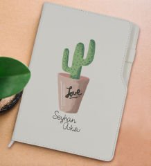 BK Gift Kişiye Özel Kaktüs Tasarımlı Beyaz Termo Deri Not Defteri 15x21cm-5