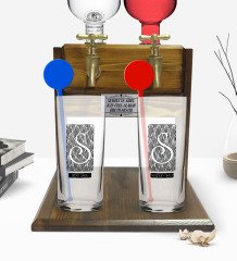 Kişiye Özel Renkli Baskılı İsimli İkili Vodka Bardağı ve Çift Musluklu Doğal Ahşap Vodka Standı-20