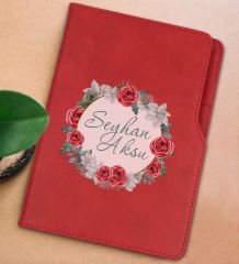BK Gift Kişiye Özel Çiçek Tasarımlı Kırmızı Termo Deri Not Defteri 15x21cm-8