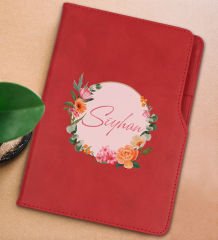 BK Gift Kişiye Özel Çiçek Tasarımlı Kırmızı Termo Deri Not Defteri 15x21cm-10