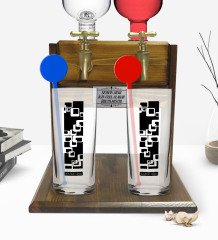 Kişiye Özel Renkli Baskılı İsimli İkili Vodka Bardağı ve Çift Musluklu Doğal Ahşap Vodka Standı-121