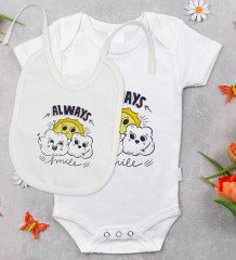 BK Kids Always Smile Tasarımlı Bebek Body Zıbın ve Mama Önlüğü Hediye Seti - Model 1