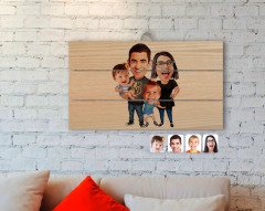 Kişiye Özel Aile Karikatürlü Otantik Ahşap Palet Tablo-3