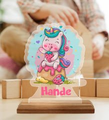 BK Gift Kişiye Özel İsimli Sevimli Unicorn Tasarımlı Ahşap Standlı Pleksi Biblo-1