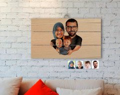 Kişiye Özel Tesettürlü Aile Karikatürlü Otantik Ahşap Palet Tablo-4