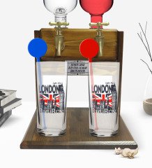 Kişiye Özel Renkli Baskılı London Tasarımlı İkili Vodka Bardağı ve Çift Musluklu Doğal Ahşap Vodka Standı-3