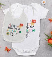 BK Kids Annem Çok Şey Bilir Tasarımlı Bebek Body Zıbın ve Mama Önlüğü Hediye Seti - Model 1