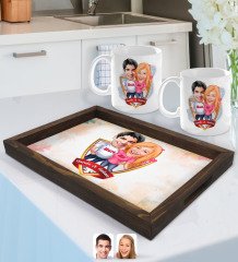 Kişiye Özel İsimli Sevgililer Karikatürlü Doğal Ahşap Tepsi ve 2âli Kupa Bardak Seti-5