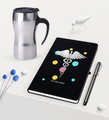 Kişiye Özel Tıp Sembolü Temalı Siyah Defter Kalem ve Termos Mug Seti