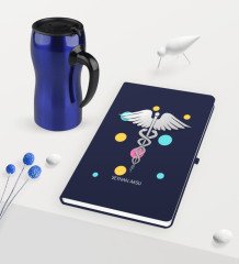 Kişiye Özel Tıp Sembolü Temalı Lacivert Defter ve Termos Mug Seti