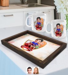 Kişiye Özel İsimli Sevgililer Karikatürlü Doğal Ahşap Tepsi ve 2âli Kupa Bardak Seti-10