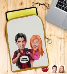 Kişiye Özel Sevgililer Karikatürlü Taşınabilir Koruyucu Tablet Kılıfı & Organizer Çanta - Sarı-91