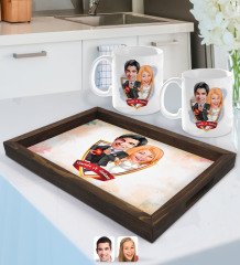 Kişiye Özel İsimli Sevgililer Karikatürlü Doğal Ahşap Tepsi ve 2âli Kupa Bardak Seti-15