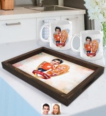 Kişiye Özel İsimli Sevgililer Karikatürlü Doğal Ahşap Tepsi ve 2âli Kupa Bardak Seti-54