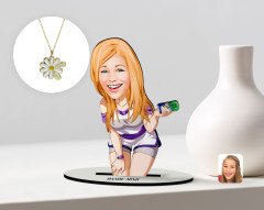 Kişiye Özel Kadın Karikatürlü 3D Ahşap Biblo ve İsimli Tarihli Papatya Kolye Seti-36