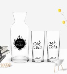 Kişiye Özel Renkli Baskılı Aşk Ola Tasarımlı İkili Rakı Bardağı ve Karaf Hediye Seti-1
