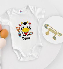 BK Kids Kişiye Özel İsimli Beyaz Bebek Body Zıbın ve Erkek Bebek İğnesi Hediye Seti-31