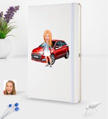 Kişiye Özel Plakalı Kadın Hyundai İ20 Karikatürlü Beyaz Termo Deri Defter 16x24cm Model 1