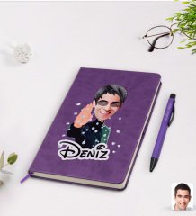 Kişiye Özel Matrix Neo Karikatürlü Mor Termo Deri Defter Kalem Seti Model 1
