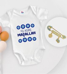 BK Kids Kişiye Özel Maşallah Tasarımlı Beyaz Bebek Body Zıbın ve Erkek Bebek İğnesi Hediye Seti-2
