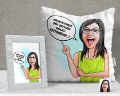 Kişiye Özel Kadın Kolay Yetişmiyor Karikatürlü Dekoratif Yastık ve Çerçeve Hediye Seti-5
