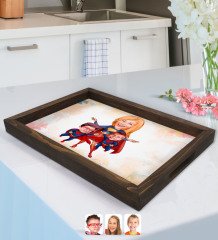 Kişiye Özel Süper Anne ve Süper Çocuklar Karikatürlü Doğal Ahşap Tepsi-1