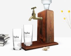 BK Home Renkli Baskılı Baba Tasarımlı İkili Rakı Bardağı ve Ahşap Rakı Standı Hediye Seti-1