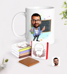Kişiye Özel Erkek Kimya Öğretmeni Karikatürlü Beyaz Kupa ve Çikolata Hediye Seti-1