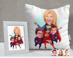 Kişiye Özel Süper Anne ve Süper Çocuklar Karikatürlü Dekoratif Yastık ve Çerçeve Hediye Seti-1