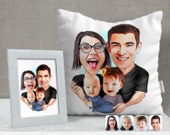 Kişiye Özel Aile Karikatürlü Dekoratif Yastık ve Çerçeve Hediye Seti-4