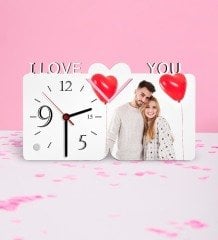 Kişiye Özel Fotoğraflı I Love You Ahşap Masa Saati (Model 2)